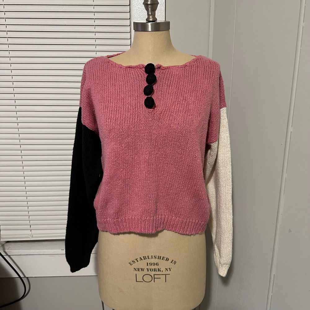 Ann Taylor Studio Colorblock Pom Pom Button Knit Sweater Pink Black Cream Size M
